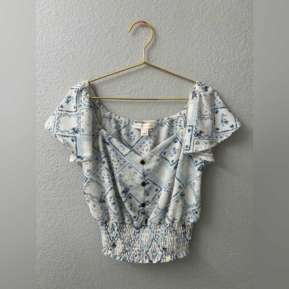 Monteau Los Angeles, Size M, white blue fitted polyester shirt